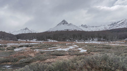 Scenic view of snowcapped mountains against sky