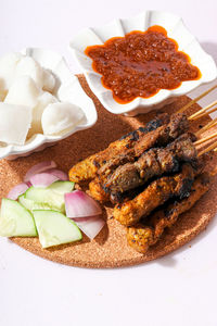 High angle view of breakfast served on table