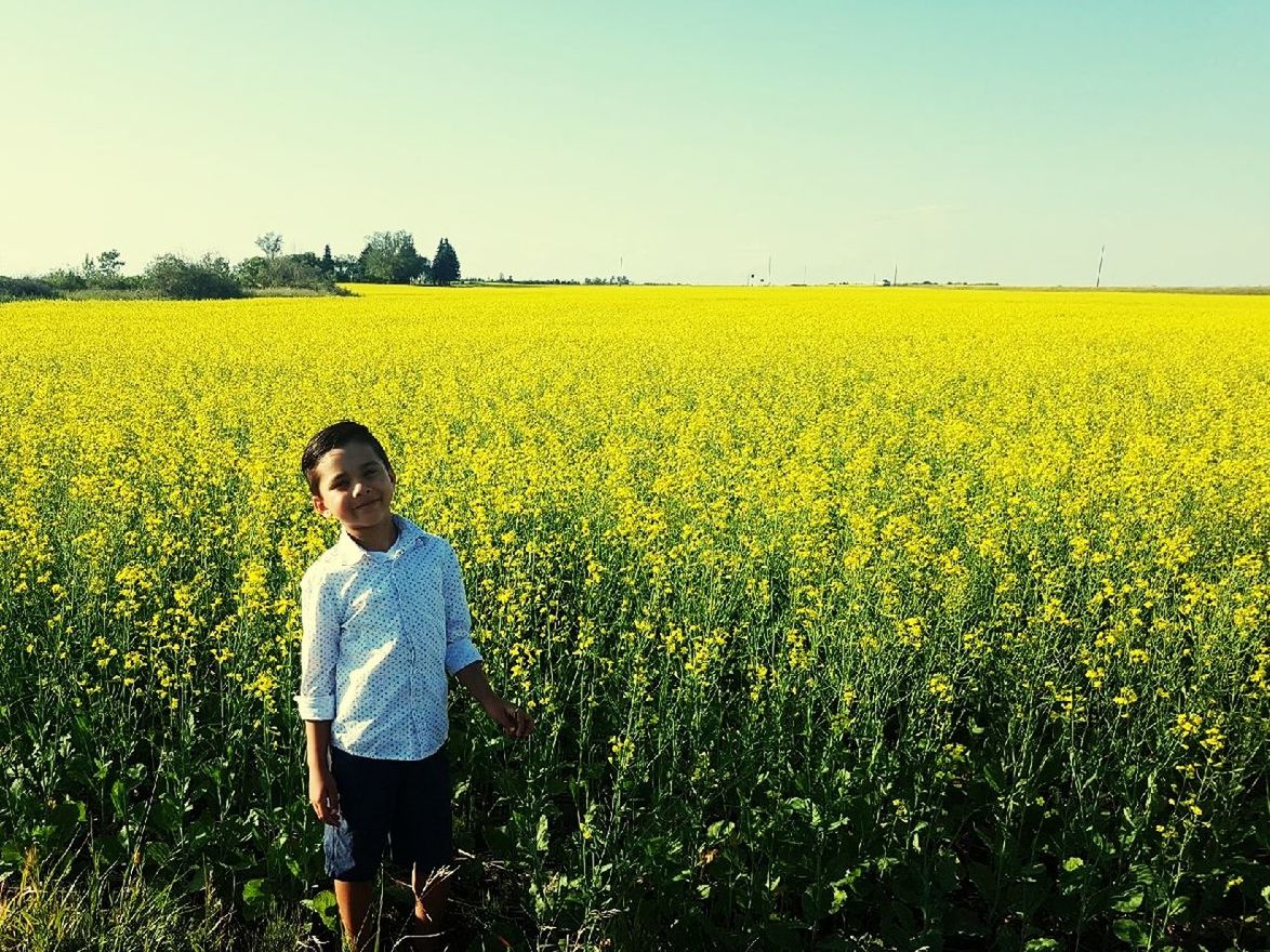 one person, beauty in nature, plant, growth, land, field, real people, yellow, standing, sky, front view, nature, flower, farm, agriculture, lifestyles, flowering plant, looking at camera, leisure activity, casual clothing, outdoors