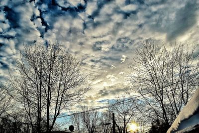 Low angle view of bare trees against cloudy sky