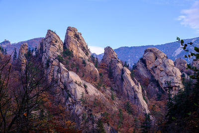 Panoramic view of rocky mountains against clear sky