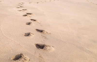 High angle view of footprints on sand at beach