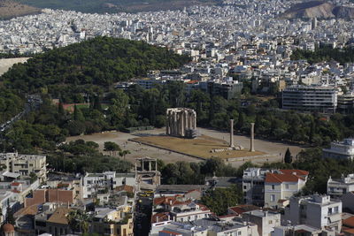 High angle view of buildings in town