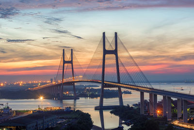 Cable-stayed bridge over sea against sky during sunset