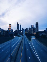 Surface level of road along cityscape