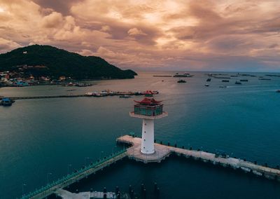 High angle view of sea against sky during sunset