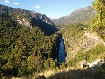 Scenic view of mountains against sky, in cañón del diablo, futaleufu, chile