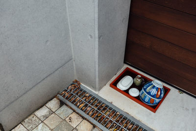 High angle view of tiled floor at home