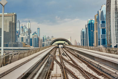 Railroad tracks amidst buildings in city against sky