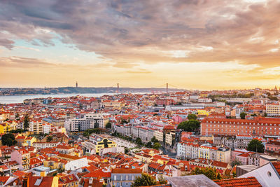 High angle view of townscape against sky during sunset