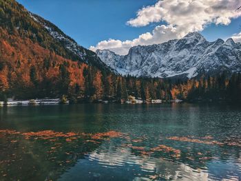 Scenic view of lake by snowcapped mountains against sky