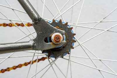 High angle view of bicycle wheel on footpath