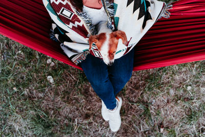 Low section of woman with dog sitting in hammock