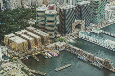 High angle view of modern buildings in city