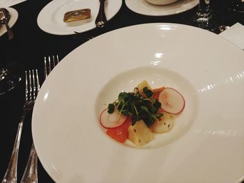 High angle view of food in plate on table
