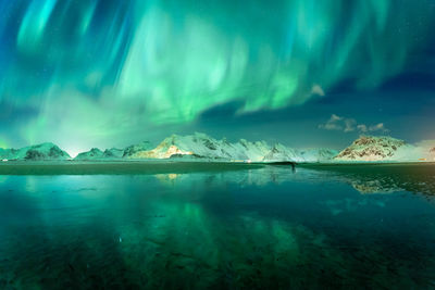 Scenic view of sea by snowcapped mountains against sky