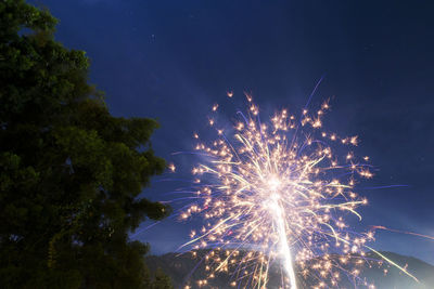 Low angle view of fireworks against sky at night