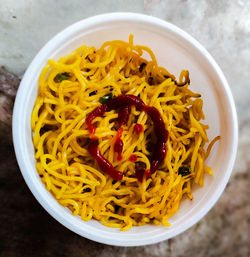 High angle view of noodles in bowl