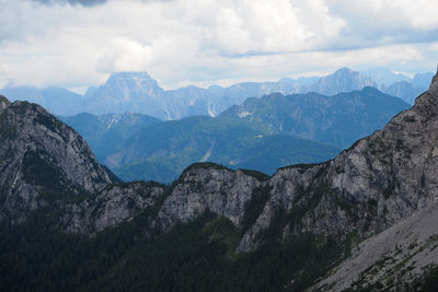 Scenic view of mountains against cloudy sky