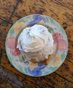 High angle view of ice cream in plate on table