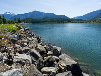 Scenic view of lake and mountains against sky