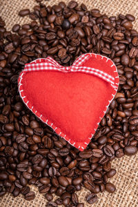 High angle view of heart shape coffee beans