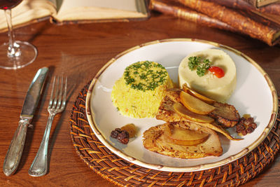 High angle view of food in plate on table