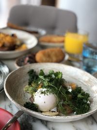Close-up of breakfast served on table