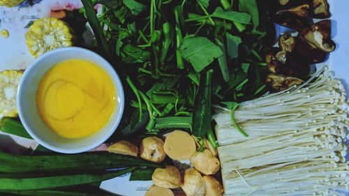 High angle view of breakfast served on table