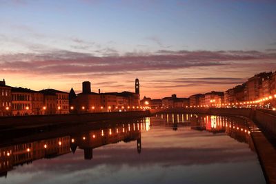 Illuminated buildings by river against sky at sunset