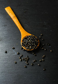 High angle view of black coffee on table