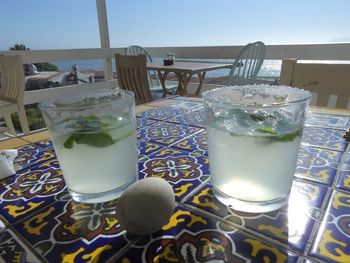 Glass of water on table against clear sky