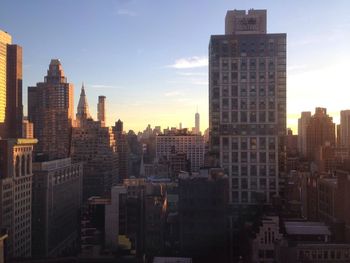 City skyline at sunset