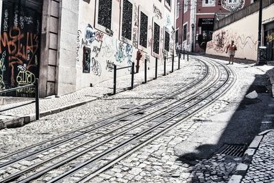 Graffiti on railroad tracks amidst buildings in city