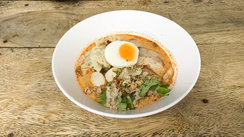 High angle view of breakfast served on table