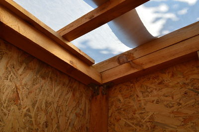 Low angle view of house roof against sky