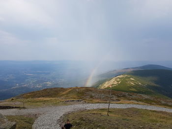 Scenic view of rainbow over land against sky