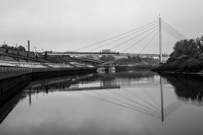 Bridge over river against sky in city
