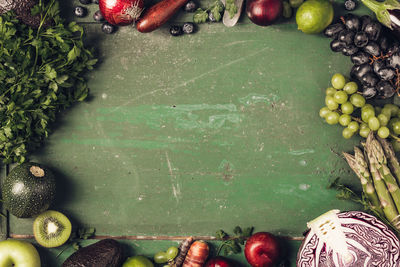 High angle view of vegetables and fruits on table