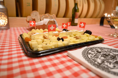 High angle view of fruits in plate on table