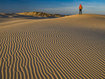 Hiker standing on sand dune and looking at landscape
