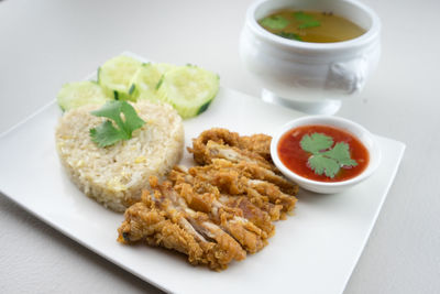 High angle view of breakfast served on table