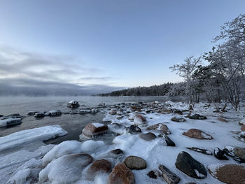 Scenic view of snow covered landscape against sky