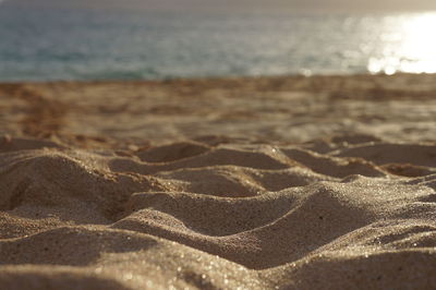 Surface level of sand on beach against sky