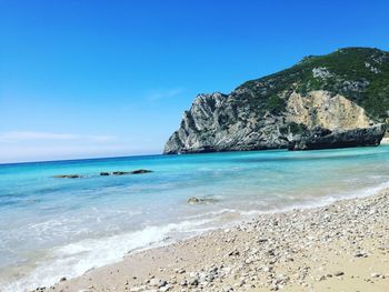 Scenic view of sea against clear blue sky