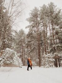 Person walking on snow covered land