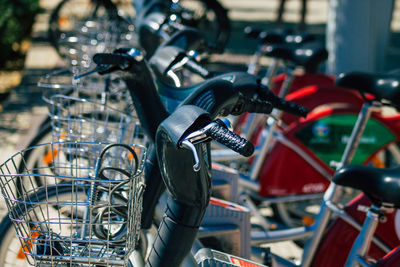 Close-up of bicycles in row