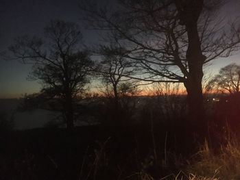 Silhouette trees on landscape against sky at sunset