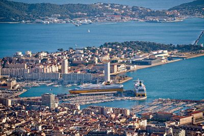 High angle view of city at waterfront