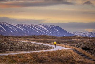 Scenic view of mountains against sky during sunset